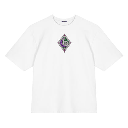 Front view of white Harajuku Samurai Lil Dipper oversized T-shirt with purple character emblem