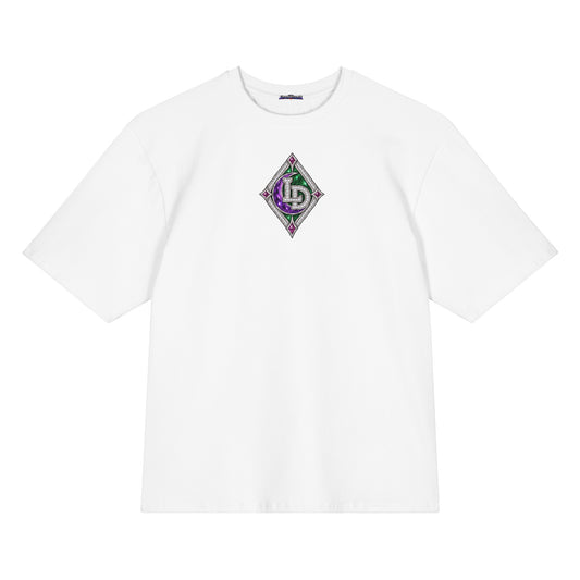 Front view of white Harajuku Samurai Lil Dipper oversized T-shirt with purple character emblem