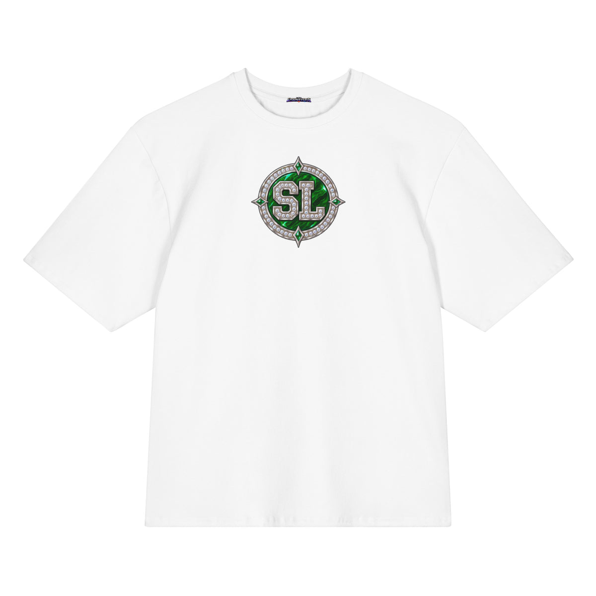 Front view of white Harajuku Samurai Spoonie Luv oversized T-shirt with emerald SL emblem