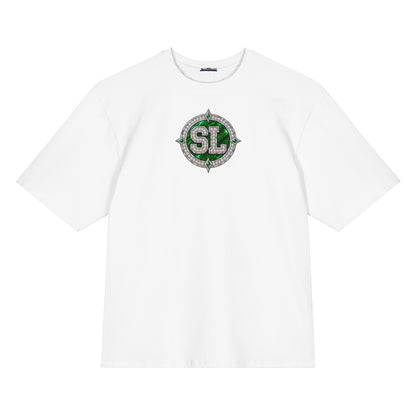 Front view of white Harajuku Samurai Spoonie Luv oversized T-shirt with emerald SL emblem