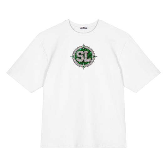 Front view of white Harajuku Samurai Spoonie Luv oversized T-shirt with emerald SL emblem