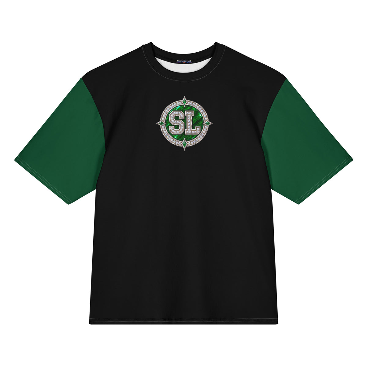 Front view of green and black Harajuku Samurai Spoonie Luv oversized T-shirt with circular SL emblem