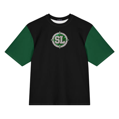 Front view of green and black Harajuku Samurai Spoonie Luv oversized T-shirt with circular SL emblem