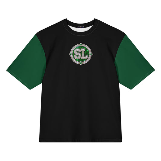 Front view of green and black Harajuku Samurai Spoonie Luv oversized T-shirt with circular SL emblem