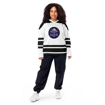 Model wearing the BW Team Spoonieverse hockey jersey, showing the round Spoonieverse chest logo, black shoulders, and black sleeve and hem stripes.