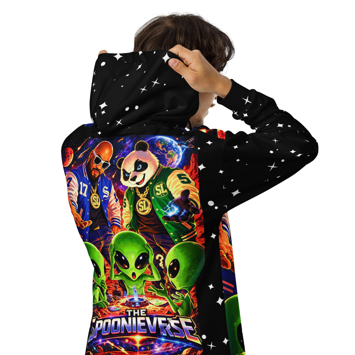 Close-up of Out of This World II cosmic star pattern hoodie artwork