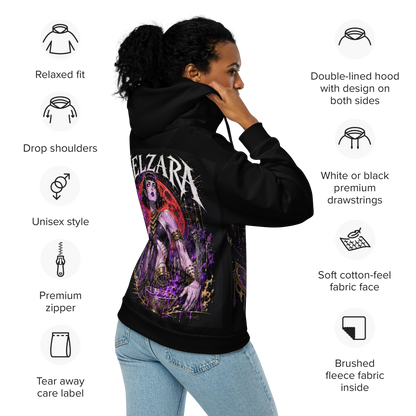 Velzara black zip hoodie front worn by model showing Queen of the Blood Moon chest artwork