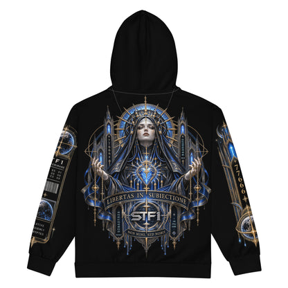 Back view of STF1 Afterimage 002 hoodie featuring the large Cyber Madonna artwork in blue and gold.