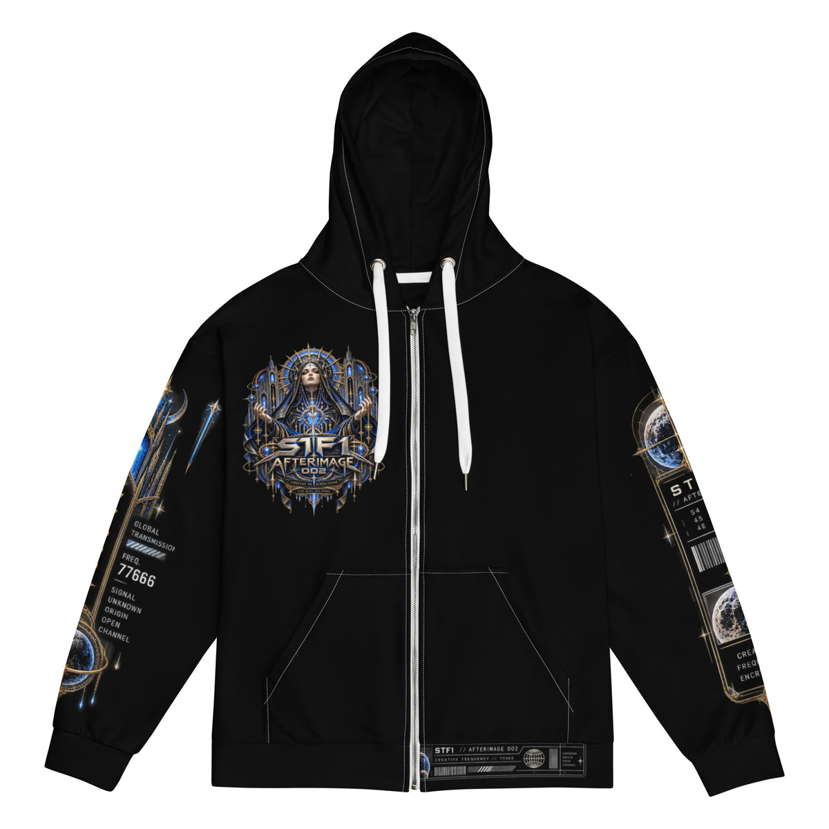 Front view of black STF1 Afterimage 002 zip hoodie with blue and gold chest artwork and printed sleeves.