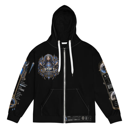 Front view of black STF1 Afterimage 002 zip hoodie with blue and gold chest artwork and printed sleeves.