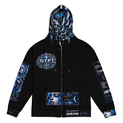Three-quarter front view of STF1 Afterimage 003 black recycled zip hoodie with blue graphic panels