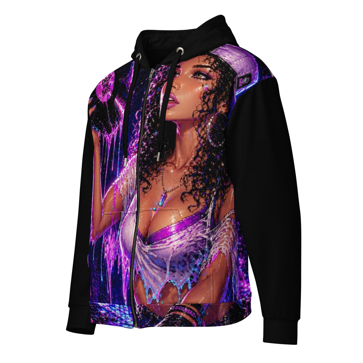 Drop the Bass unisex black zip hoodie with original purple and orange STF1 Graphix artwork