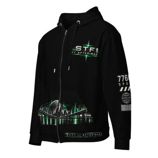 Front view of black STF1 Afterimage 001 recycled zip hoodie with emerald chest mark, coded sleeves, and lower signal graphics