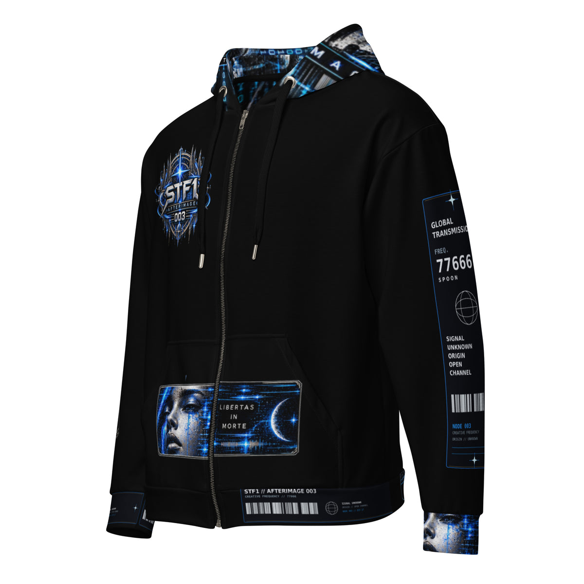 Front view of STF1 Afterimage 003 recycled zip hoodie with blue cyber graphic artwork