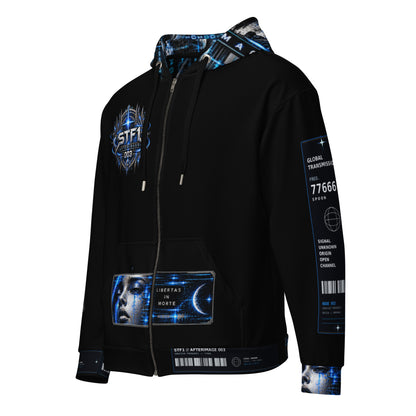 Front view of STF1 Afterimage 003 recycled zip hoodie with blue cyber graphic artwork