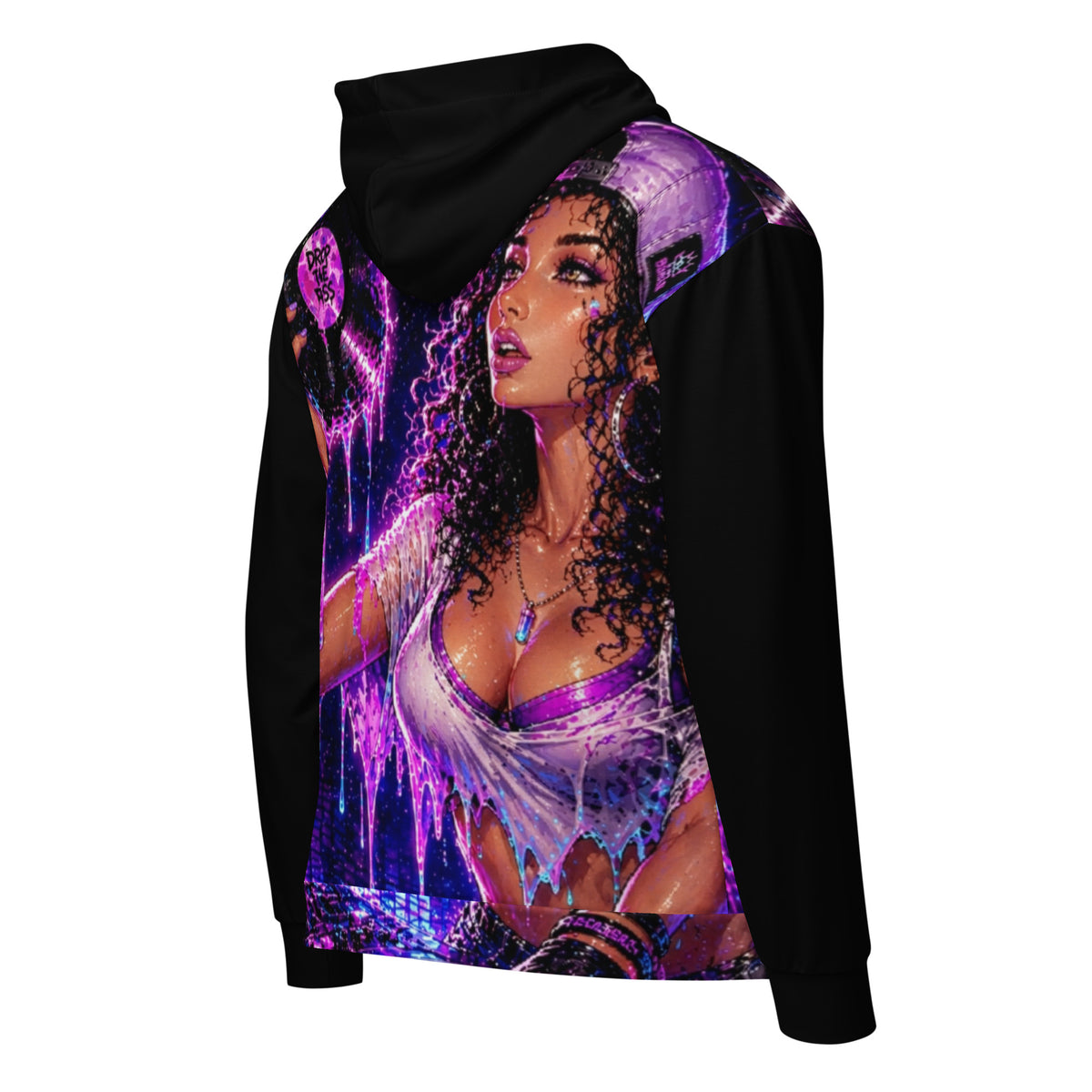 Side view of Drop the Bass black zip hoodie featuring original STF1 Graphix music-inspired artwork