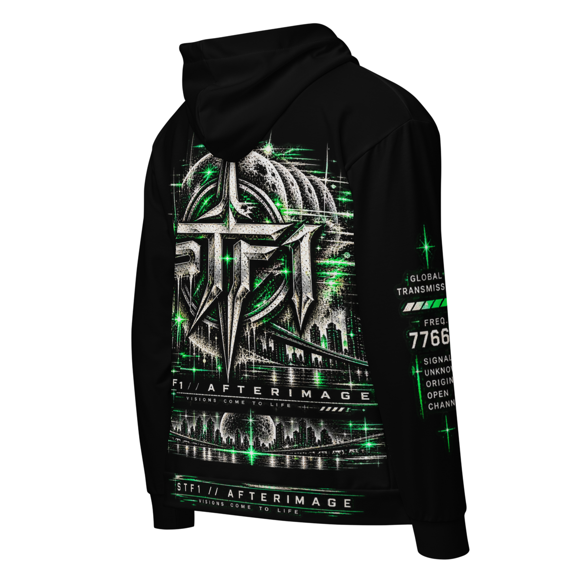 Back view of black STF1 Afterimage 001 recycled zip hoodie featuring large distorted signal artwork and technical markings