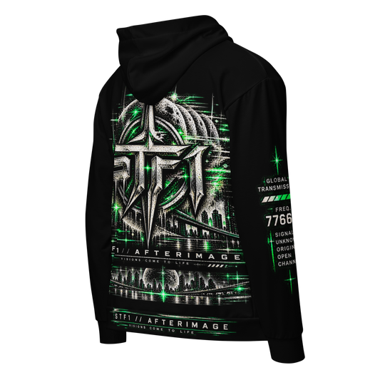 Back view of black STF1 Afterimage 001 recycled zip hoodie featuring large distorted signal artwork and technical markings
