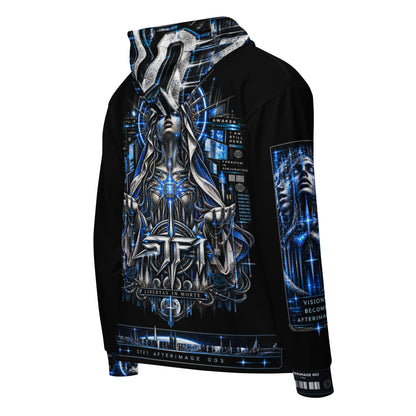 Back view of STF1 Afterimage 003 recycled zip hoodie featuring original cyber Madonna artwork