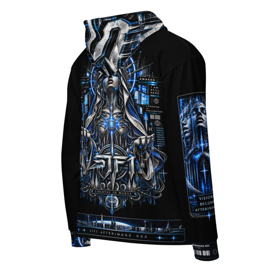 Back view of STF1 Afterimage 003 recycled zip hoodie featuring original cyber Madonna artwork