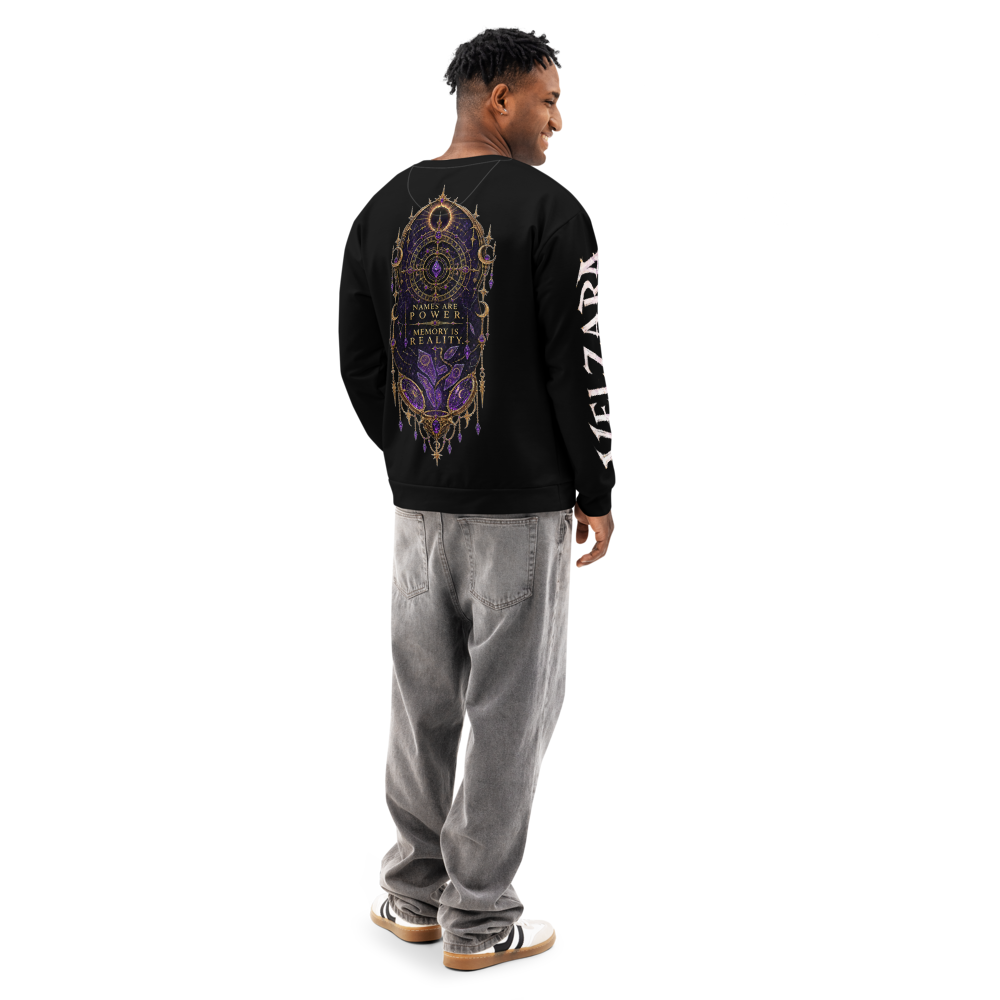 Male model wearing the Velzara Queen of the Blood Moon sweatshirt, back view featuring the Amethyst Memory Reliquary artwork