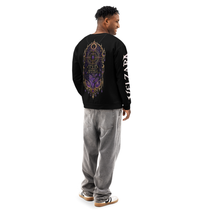 Male model wearing the Velzara Queen of the Blood Moon sweatshirt, back view featuring the Amethyst Memory Reliquary artwork