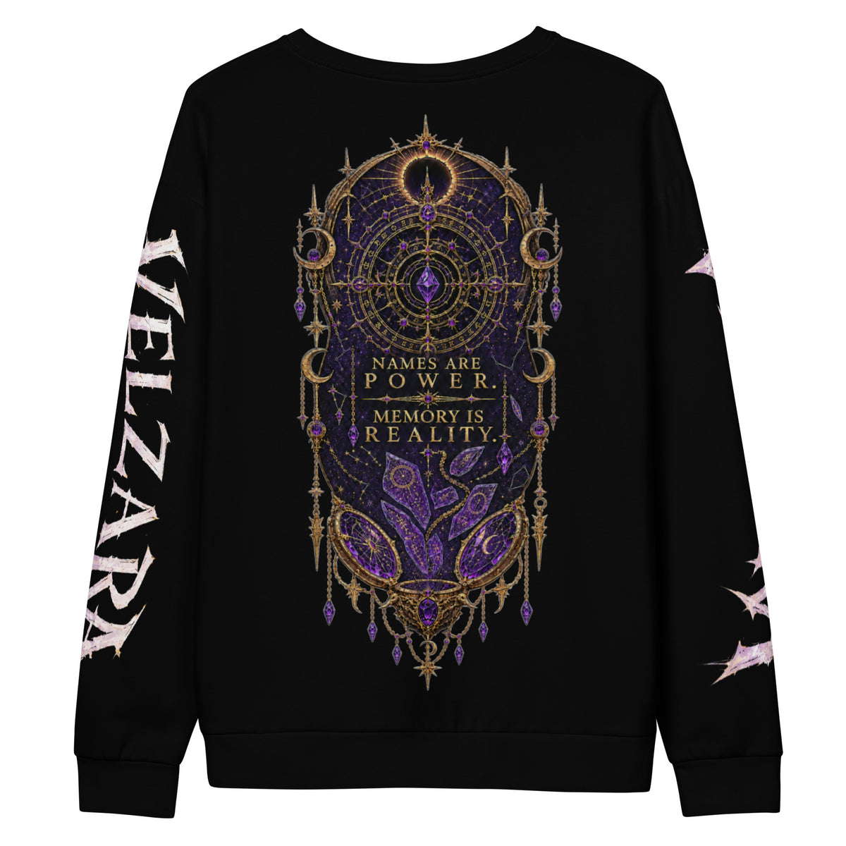 Back view of the Velzara Queen of the Blood Moon sweatshirt showing the Amethyst Memory Reliquary and sleeve artwork