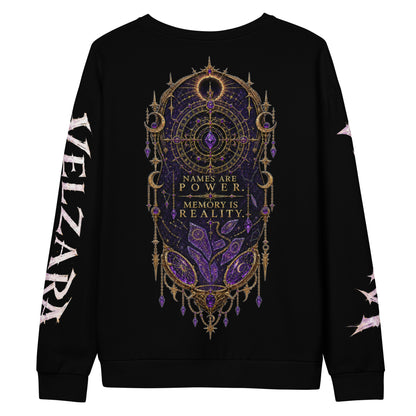 Back view of the Velzara Queen of the Blood Moon sweatshirt showing the Amethyst Memory Reliquary and sleeve artwork