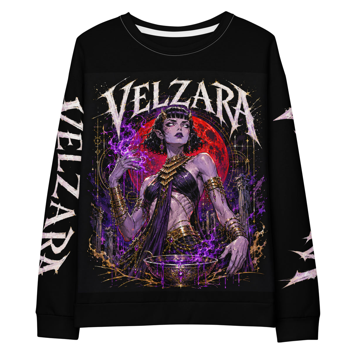 Velzara Queen of the Blood Moon Unisex Cotton Sweatshirt Front detail 