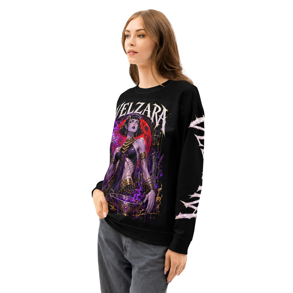Female model wearing the Velzara Queen of the Blood Moon sweatshirt, front view showing the original dark fantasy artwork