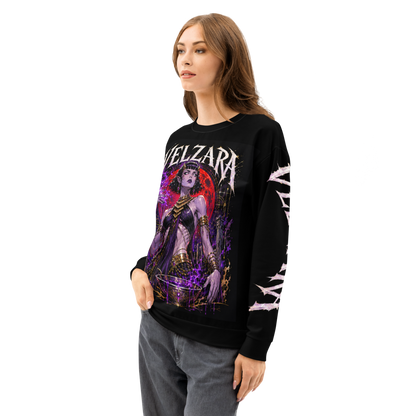 Female model wearing the Velzara Queen of the Blood Moon sweatshirt, front view showing the original dark fantasy artwork