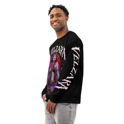 Male model wearing the Velzara Queen of the Blood Moon sweatshirt, front three-quarter view showing the artwork and sleeve graphics
