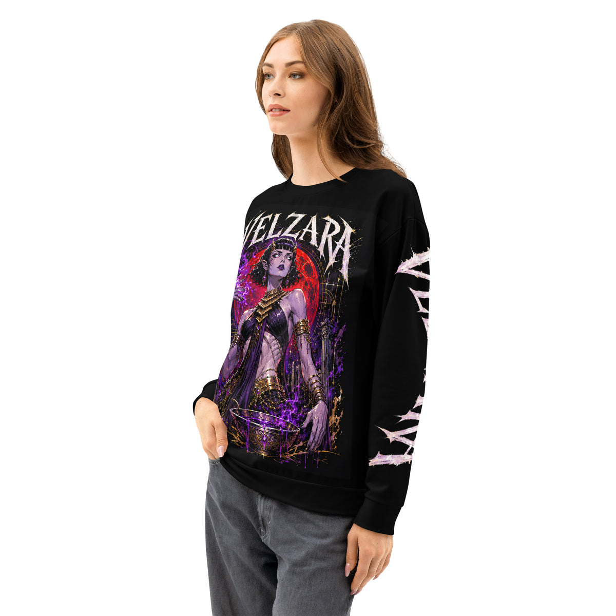 Female model wearing the Velzara Queen of the Blood Moon sweatshirt, side view showing the front design and Velzara sleeve artwork