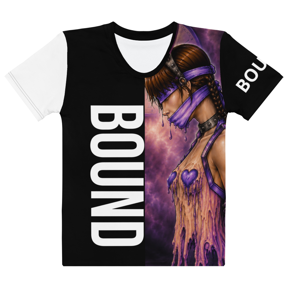 Front view of Bound Black & White women's graphic T-shirt with original purple STF1 Graphix artwork