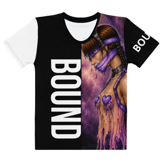 Front view of Bound Black & White women's graphic T-shirt with original purple STF1 Graphix artwork