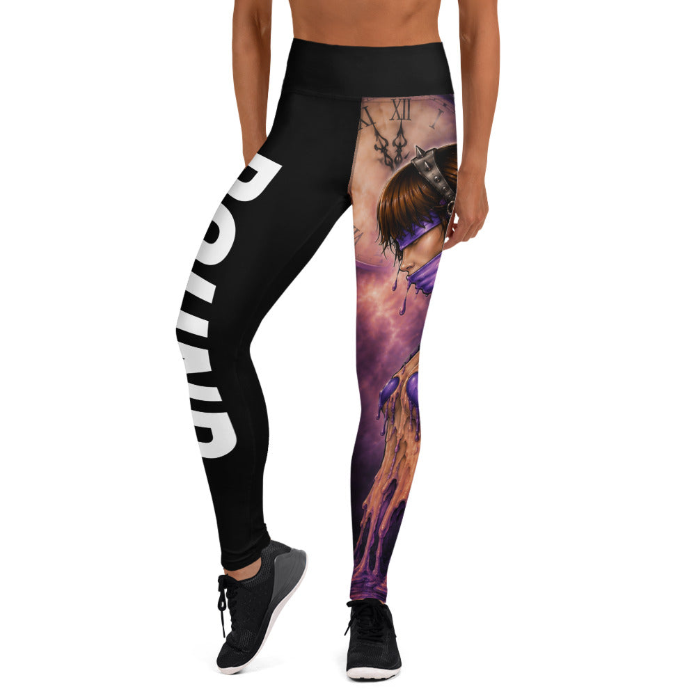Front view of Bound black yoga leggings with purple character artwork and bold white BOUND lettering by STF1 Graphix.