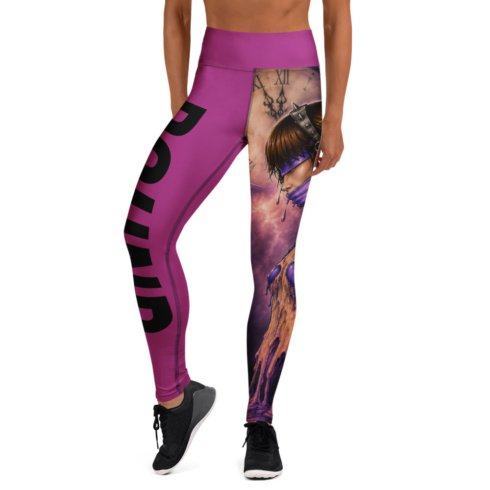 Front view of Bound purple yoga leggings with blindfolded-woman artwork on one leg and bold black BOUND lettering on the other.