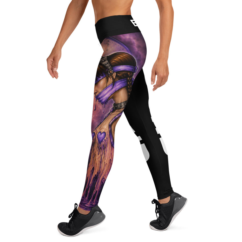 Left-side view of Bound black yoga leggings featuring purple blindfolded-woman artwork along the leg.