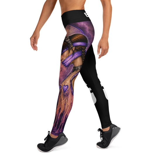 Left-side view of Bound black yoga leggings featuring purple blindfolded-woman artwork along the leg.