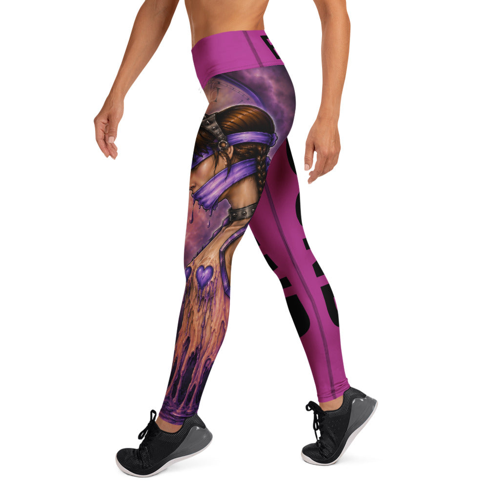 Left-side view of Bound purple yoga leggings featuring blindfolded-woman artwork along the leg.