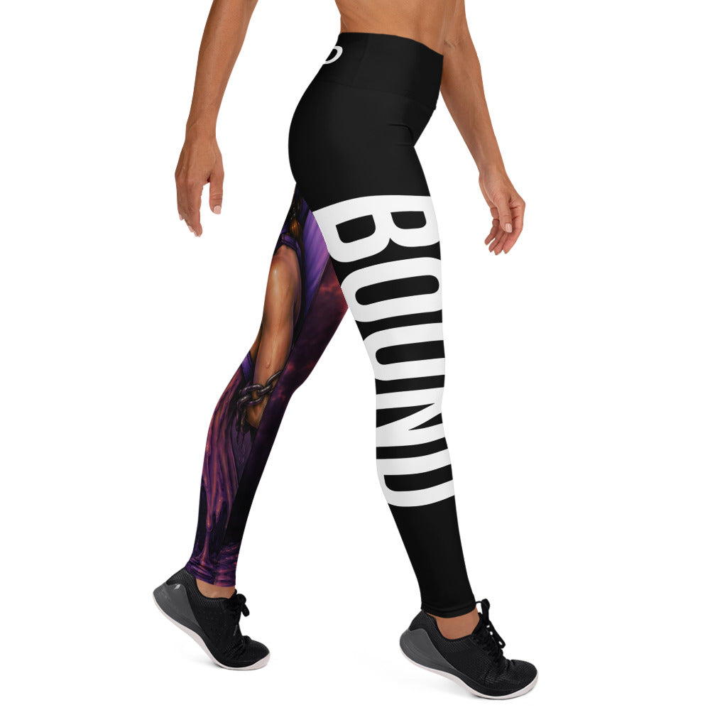 Right-side view of Bound black yoga leggings with large white BOUND lettering down the leg.