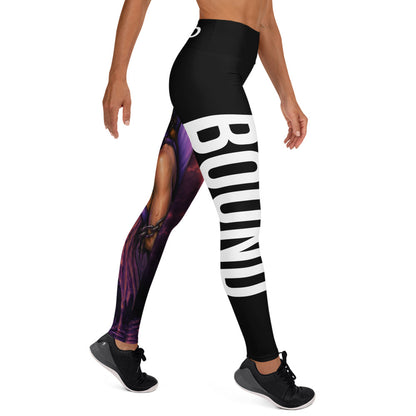 Right-side view of Bound black yoga leggings with large white BOUND lettering down the leg.