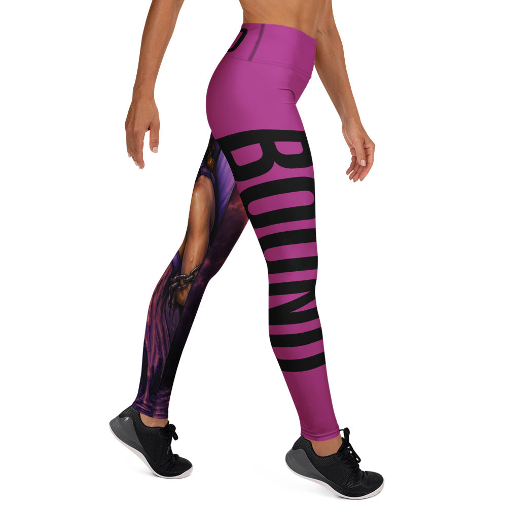 Right-side view of Bound purple yoga leggings with large black BOUND lettering down the leg.
