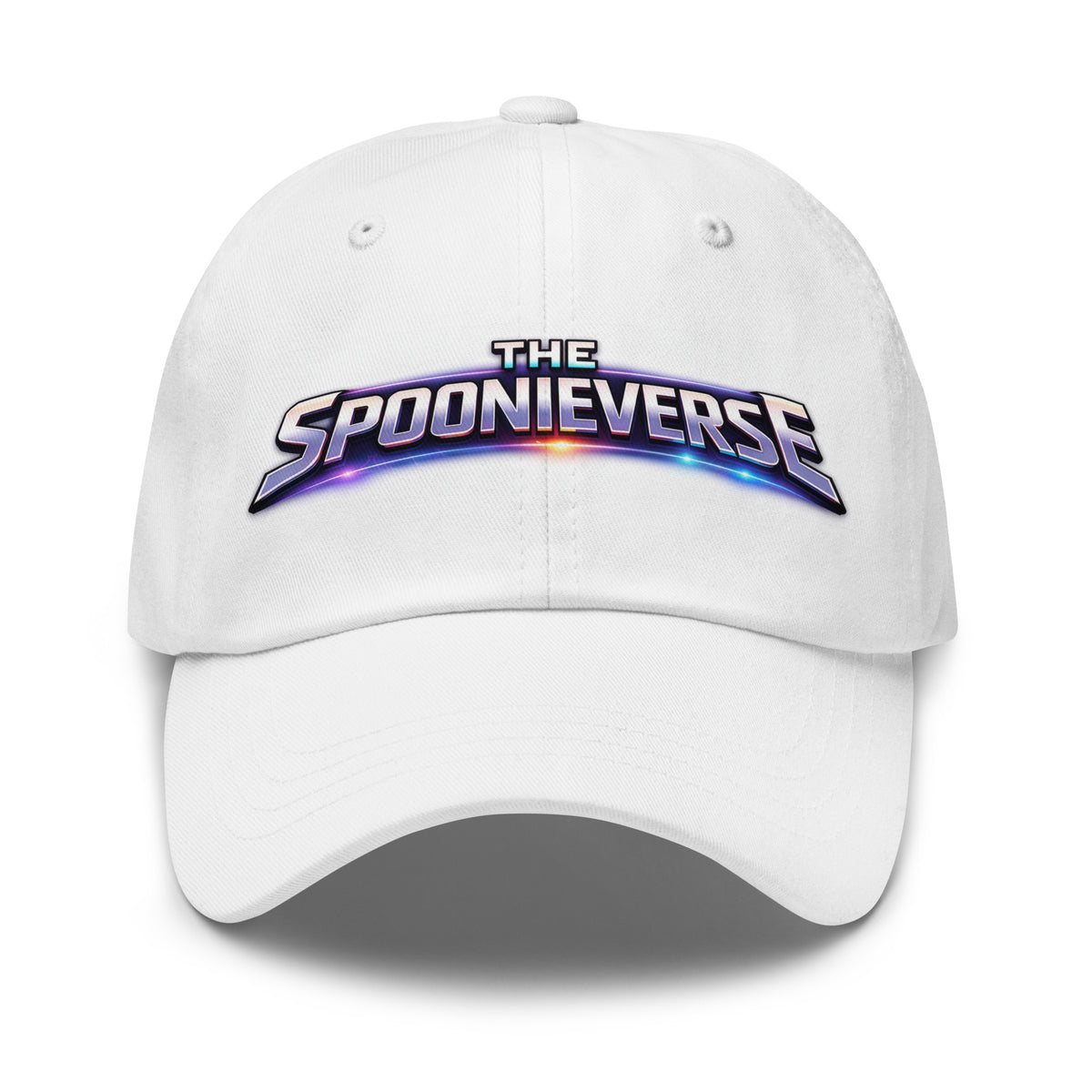 Close-up of official Spoonieverse title text logo on dad hat