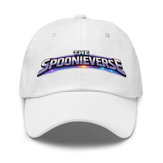 Close-up of official Spoonieverse title text logo on dad hat