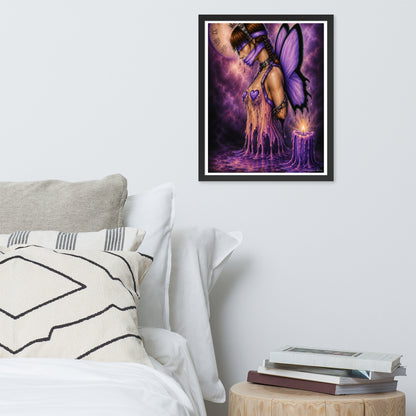 Bound framed original artwork displayed above bed in bedroom interior – [16x20] displayed on bedroom wall