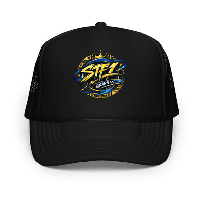 Black STF1 Graphix foam trucker hat with official round company logo front