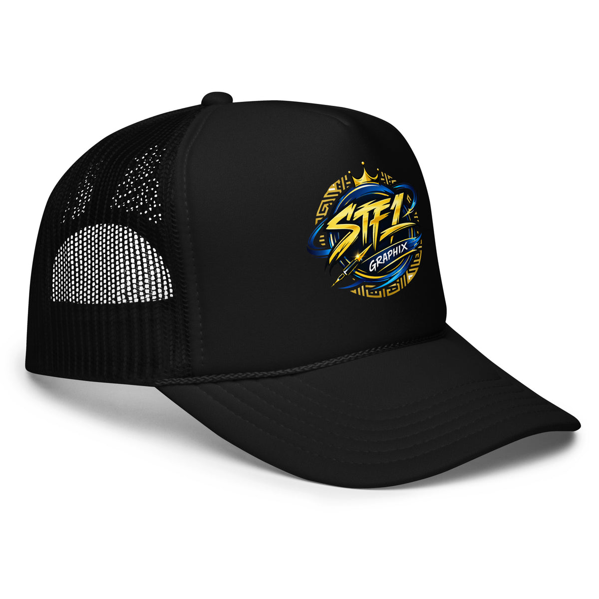 Black STF1 Graphix foam trucker hat with official round company logoside view