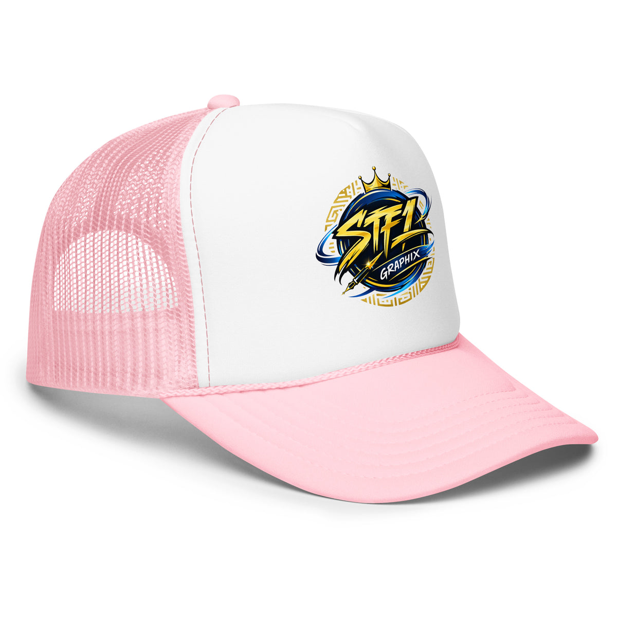 Pink/ White STF1 Graphix foam trucker hat with official round company logo side view