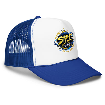 Royal/ White STF1 Graphix foam trucker hat with official round company logo side view